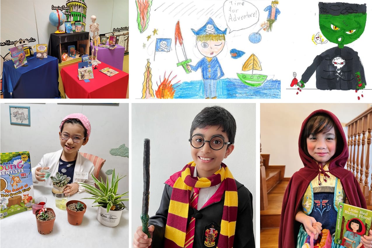 Six-panel collage of children in costumes like Harry Potter and Little Red Riding Hood, kids' drawings, and a book display.