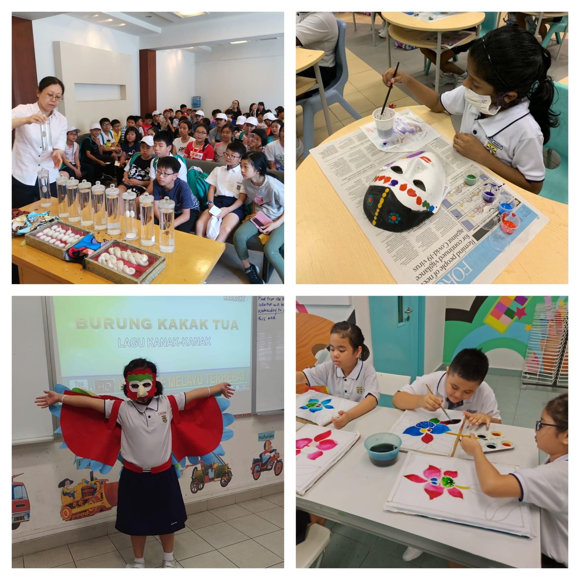 Four school activity scenes: a science demo, mask painting, a costumed child performing, and kids painting flowers.