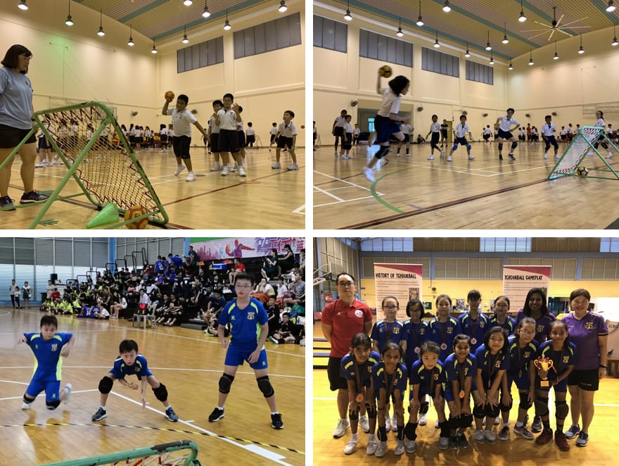 Four photos of children playing tchoukball indoors, including gameplay scenes and a team group photo with a trophy.