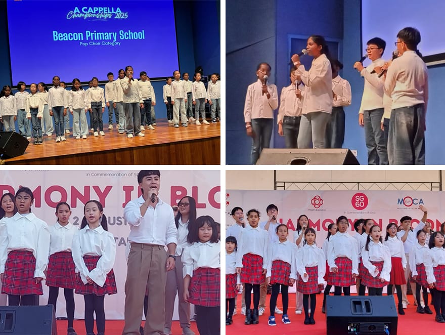 Four photos of children's choir performances, some in white shirts and jeans, others in white shirts and red plaid skirts.