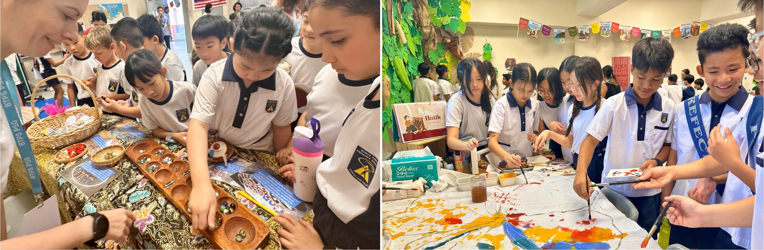 Students explore traditional games and create collaborative artwork at a community event.