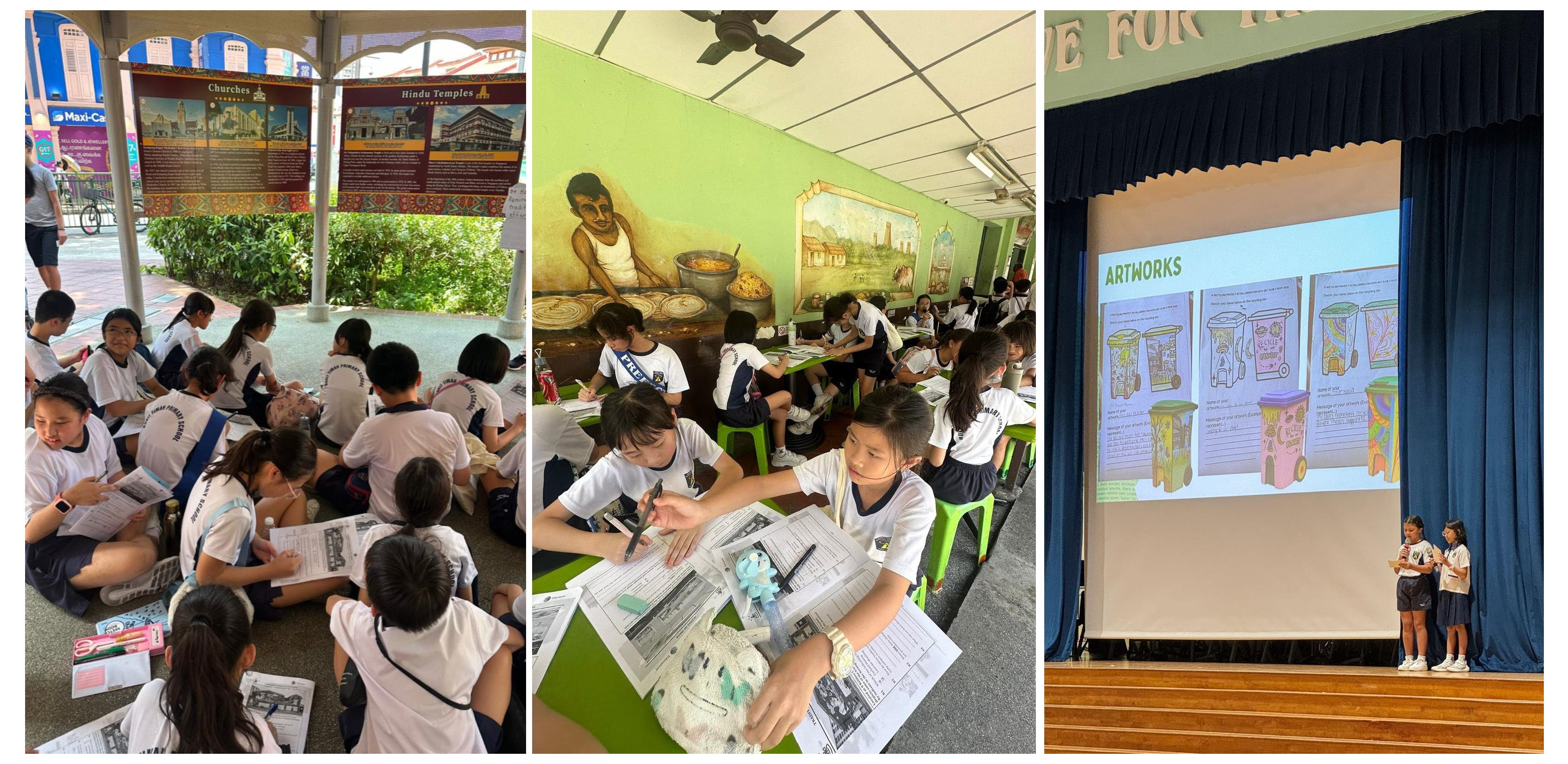 Students research at community learning sites, create artwork, and present their work on stage as part of a heritage education project.