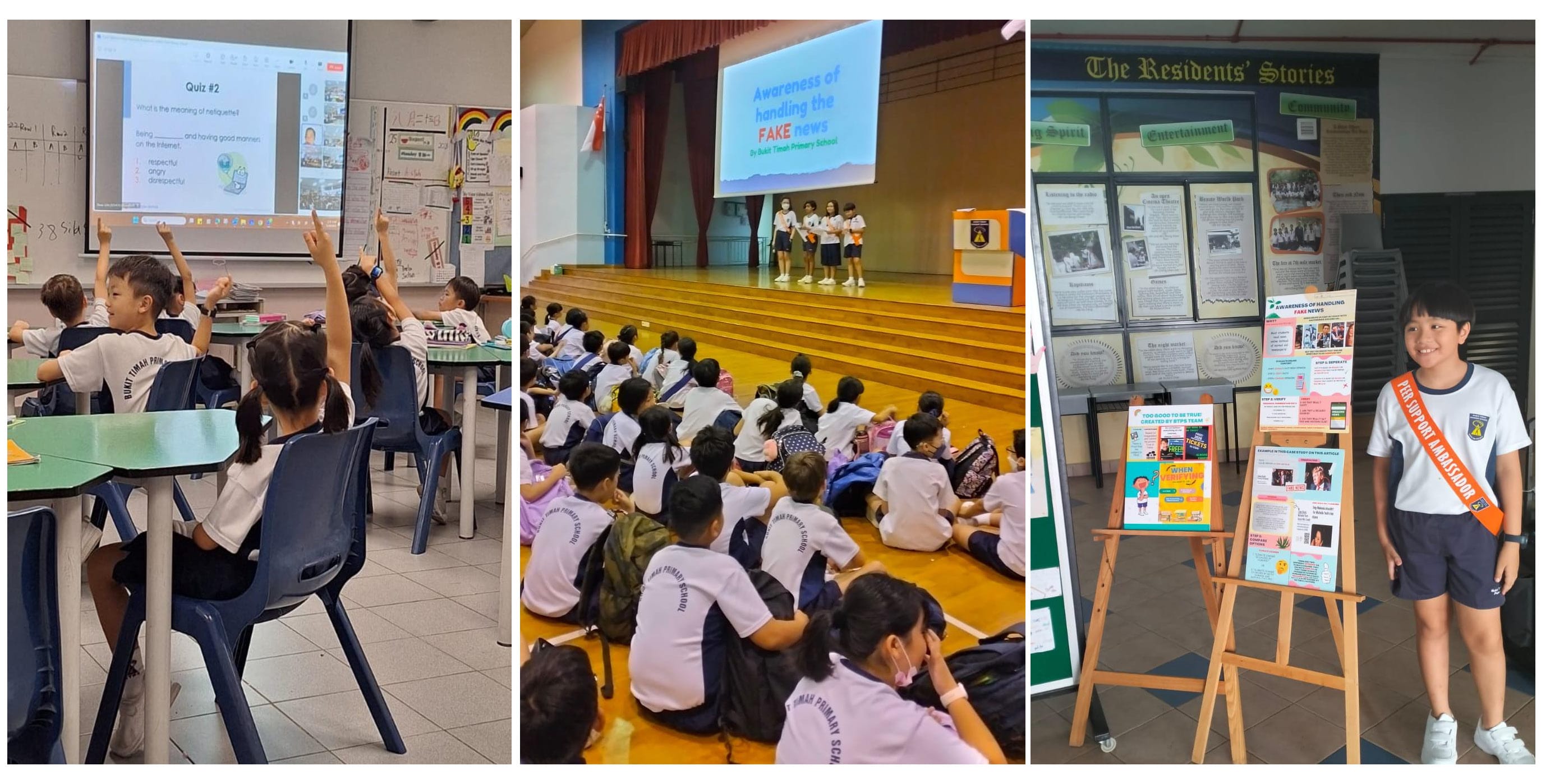 Students learn about Cyber Wellness through classroom lessons, school-wide presentations on fake news, and student ambassador-led outreach promoting safe and responsible digital media use.