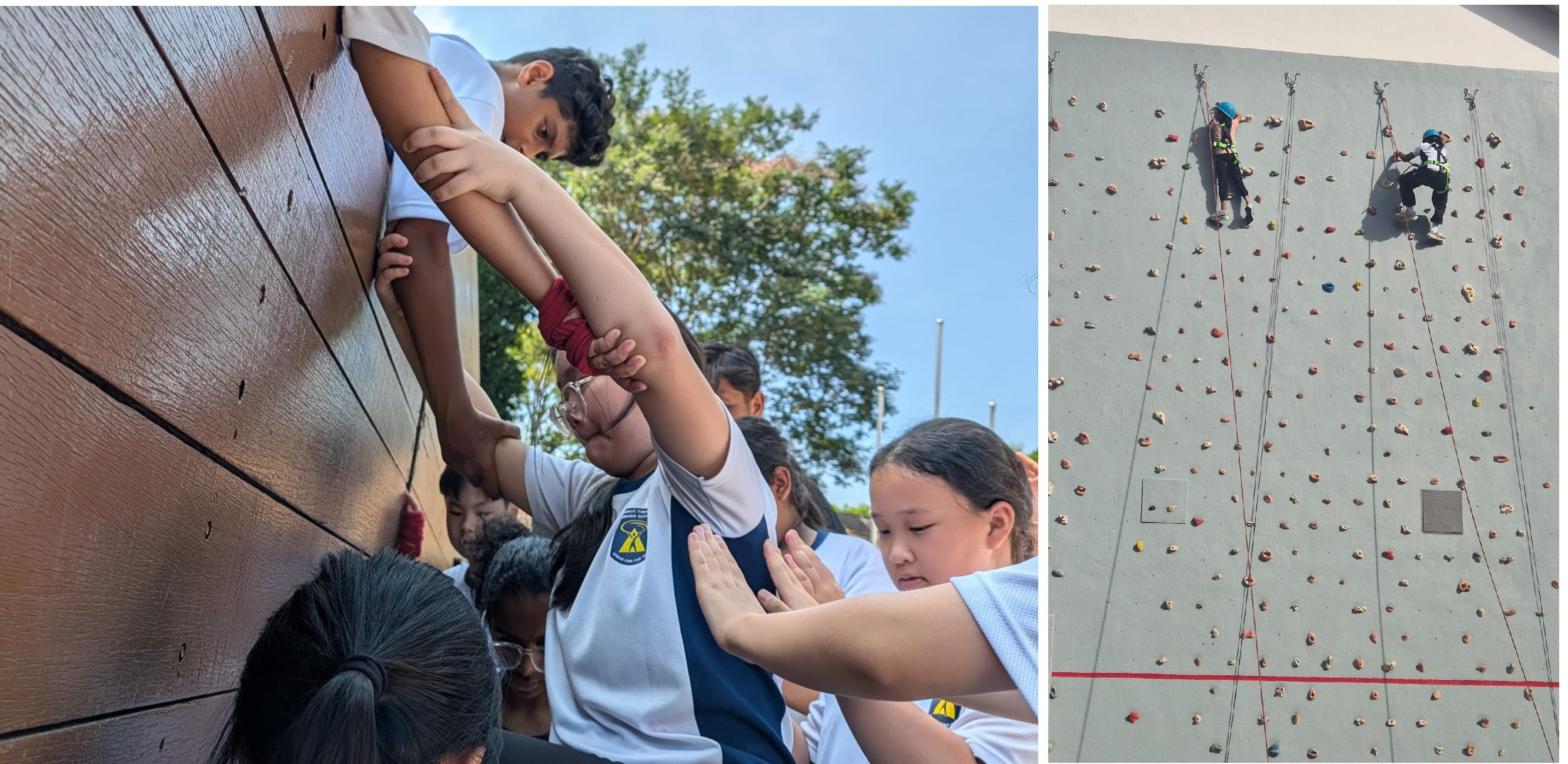 Students tackle outdoor adventure activities, helping a classmate scale an obstacle wall and climbing a rock wall with safety harnesses.
