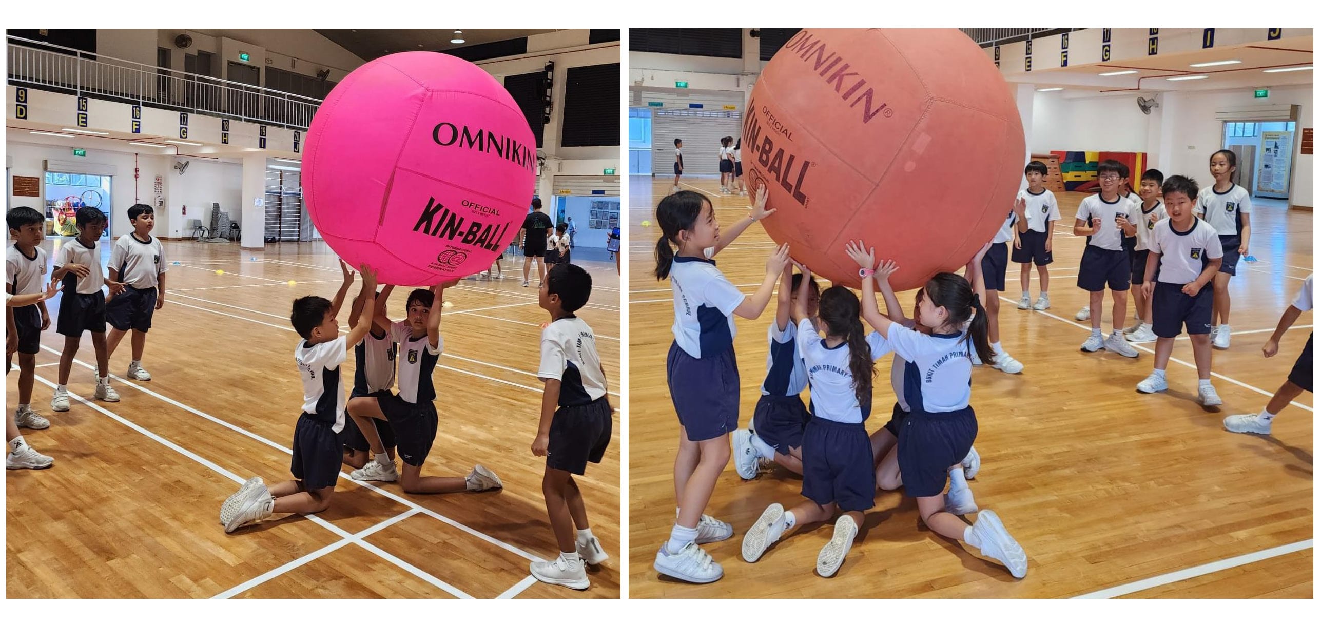 Students play Kin-Ball in the school hall with giant pink and orange inflatable balls.