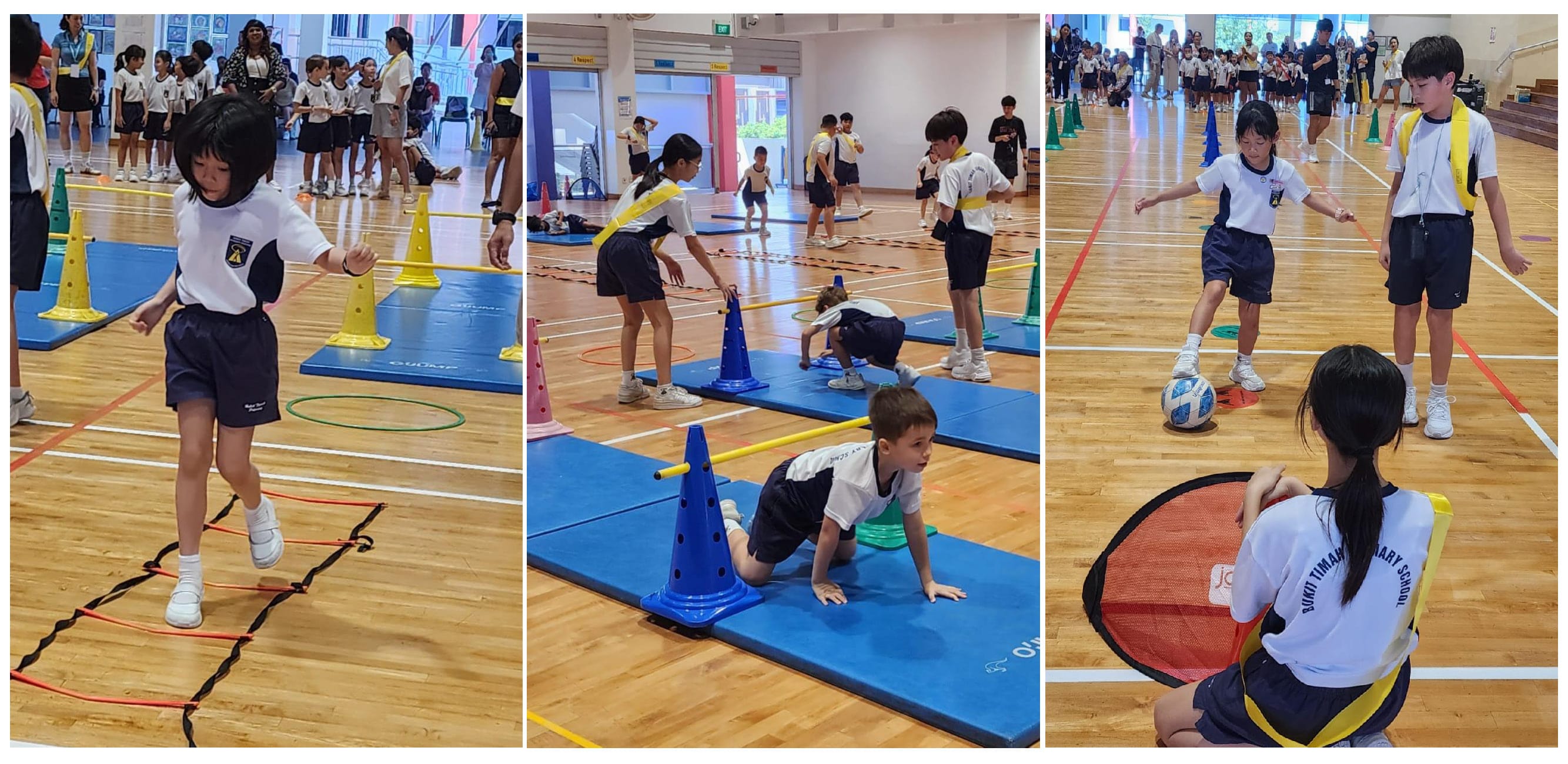 Primary school students at PE stations: agility ladder drills, hurdle crawls, and ball control with student helpers.
