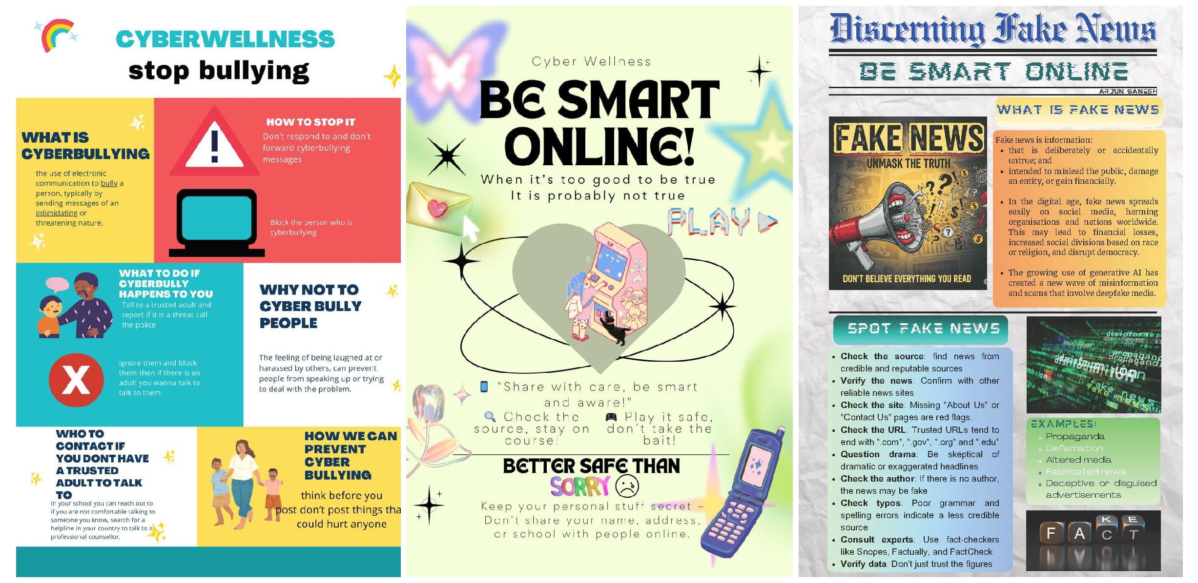 Cyber Wellness posters covering cyberbullying prevention, online safety, personal data protection, scam awareness, and identifying fake news.
