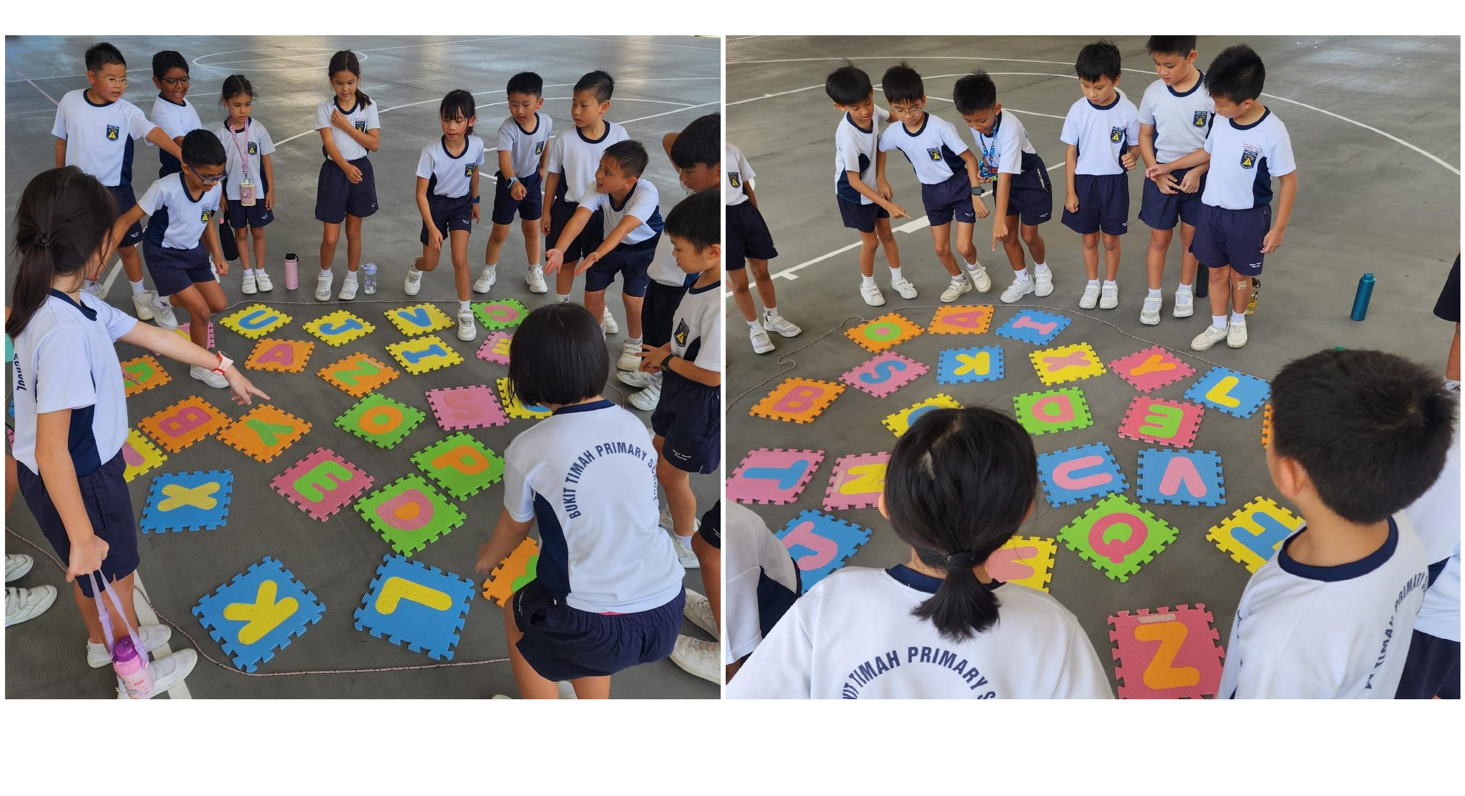 Students on an outdoor court interact with colourful foam alphabet tiles.