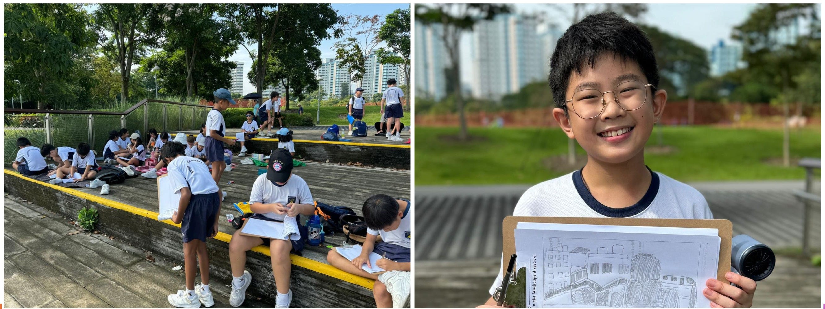 Students participate in an outdoor sketching activity in a park setting, creating drawings of the surrounding environment while one student displays a completed sketch on a clipboard.