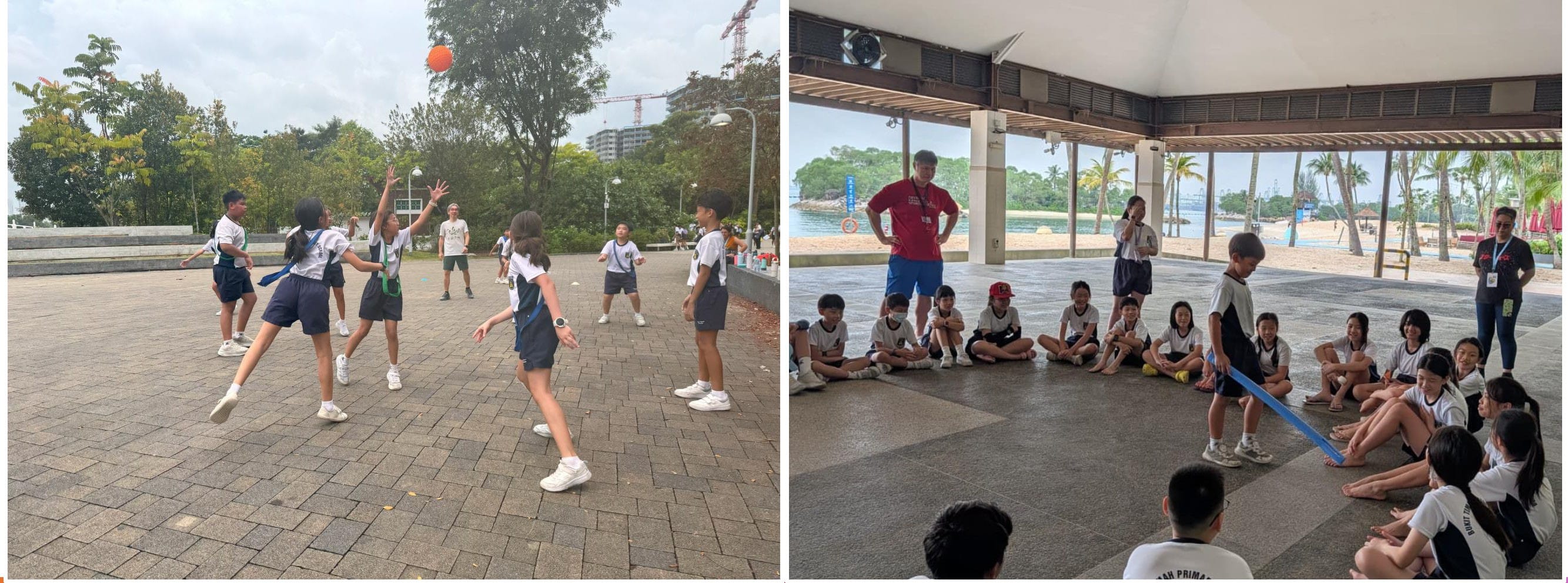 Students enjoy outdoor team-building activities, including a ball game and group challenge at a beachfront venue.