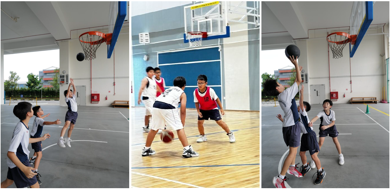 Three sequential shots of young players in white uniforms shooting a basketball at an outdoor hoop.