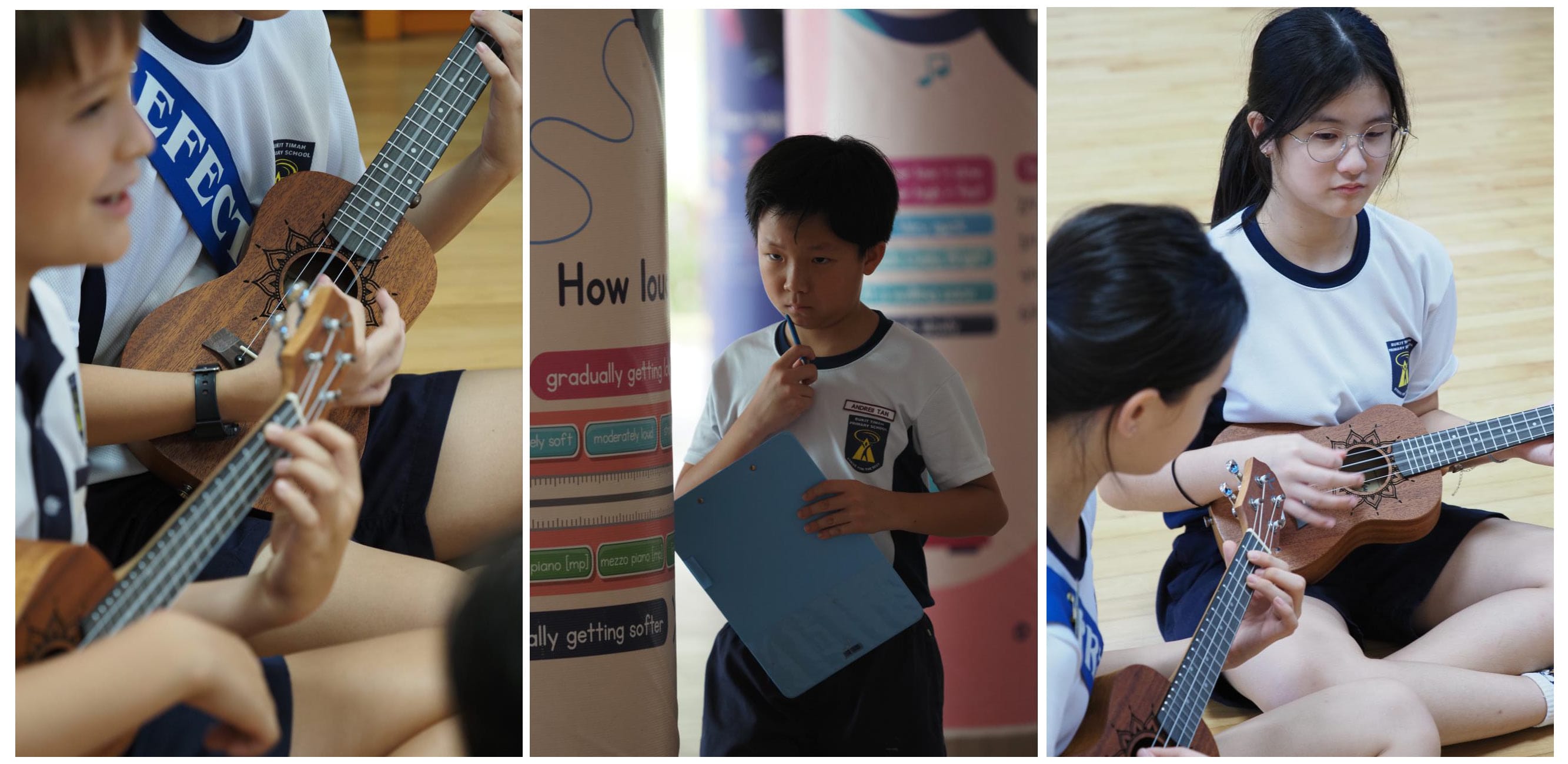 Students play ukuleles in small groups and share ideas during a collaborative music lesson.