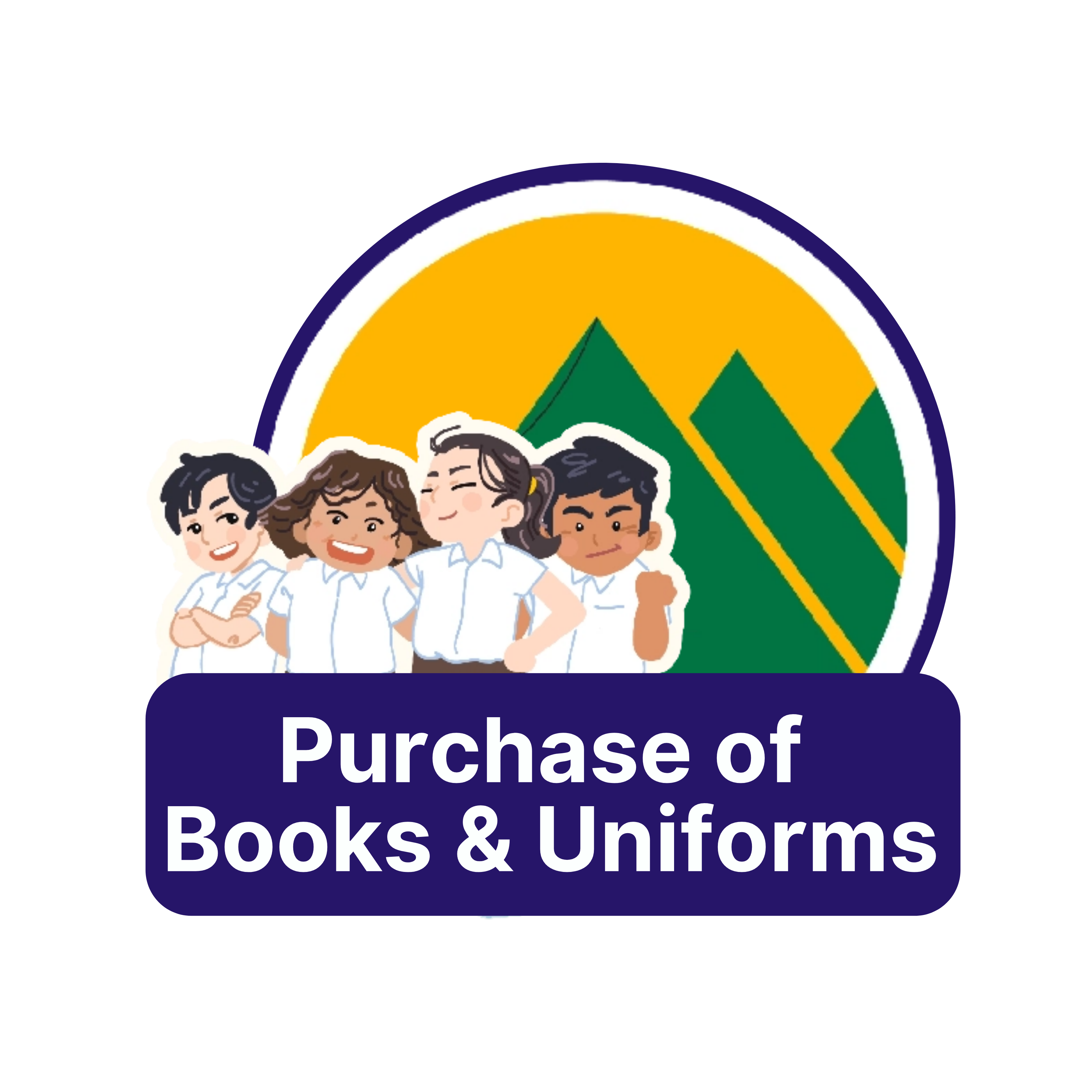 Illustration of Bukit View Secondary School students representing the purchase of books and uniforms.