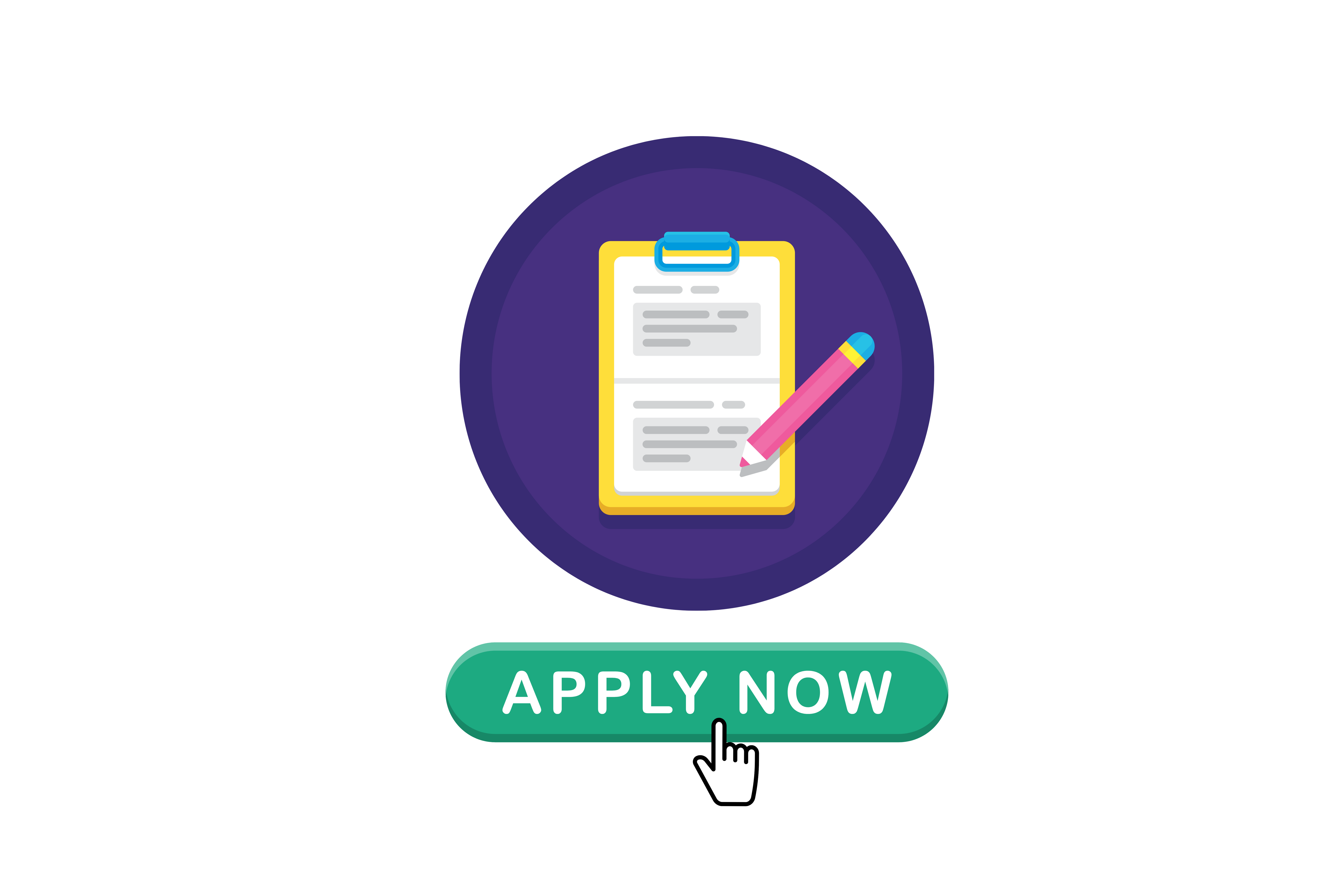 Purple circle with a clipboard and pink pencil icon above a green button labeled APPLY NOW with a cursor.