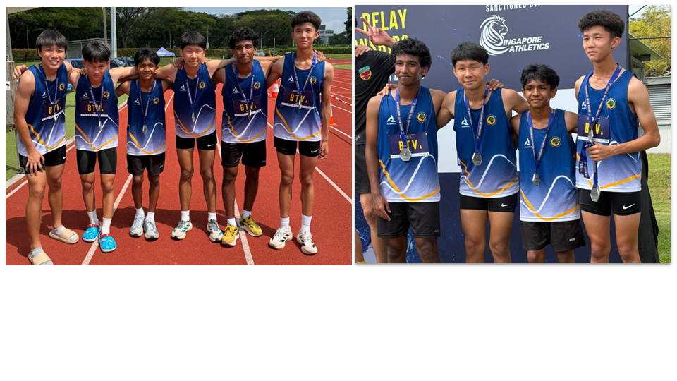 Two group photos of young male runners in blue and gold uniforms with medals at a Singapore Athletics relay event.
