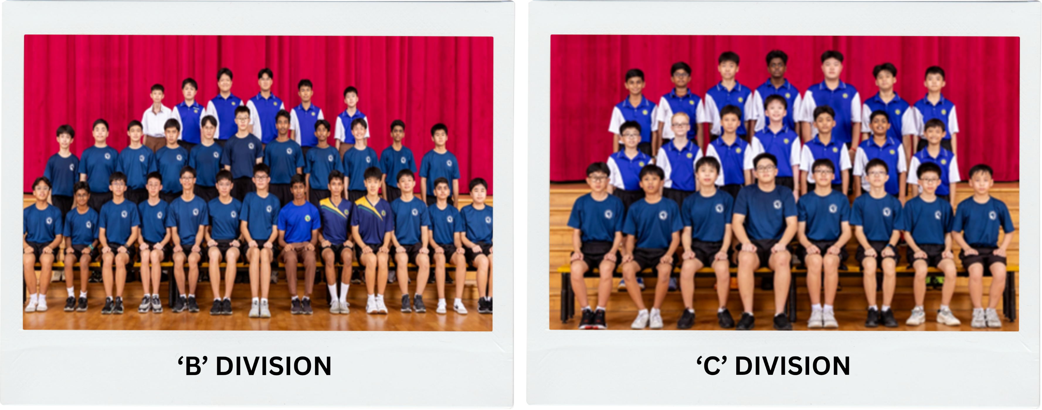 Two group photos of students in uniform on bleachers before a red curtain, labeled B Division and C Division.