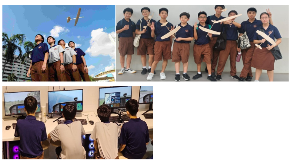 Students in uniform watch a model plane fly, pose with wooden gliders, and use flight simulators on computers.