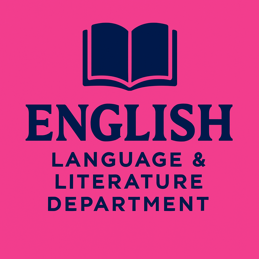 Navy open book icon above bold text reading English Language and Literature Department on a bright pink background.