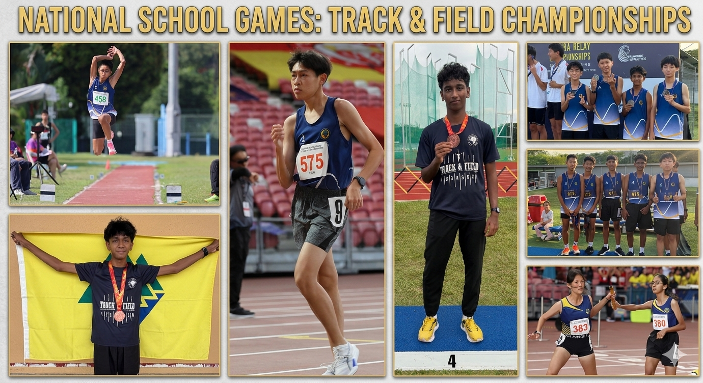 Collage of student athletes competing and posing with medals at the National School Games Track and Field Championships.