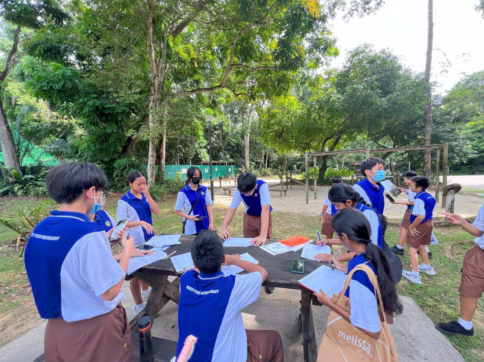 Students collecting and recording field data during a Geographical Investigation activity outdoors.