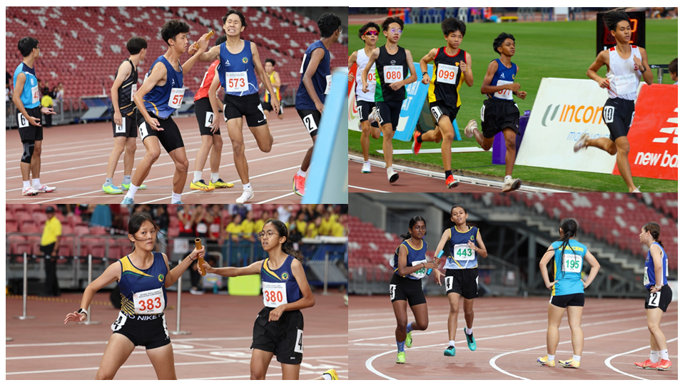 Youth track athletes compete in relay races and distance runs on a stadium track, passing batons and racing in numbered bibs.
