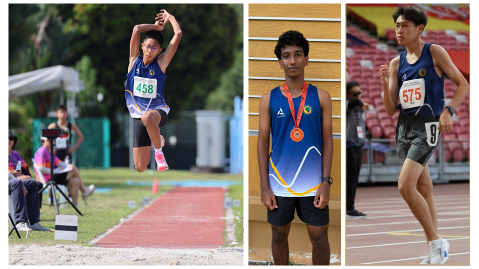 Three young male track athletes: one mid-air in long jump, one posing with a medal, one running on a track.