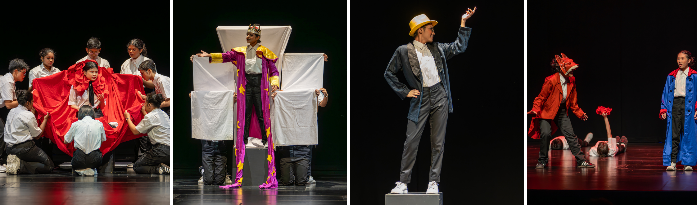 Collage of stage scenes with student actors on a wooden stage.