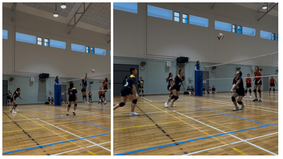 Two side-by-side shots of a women's indoor volleyball match with players in black and red uniforms near the net.