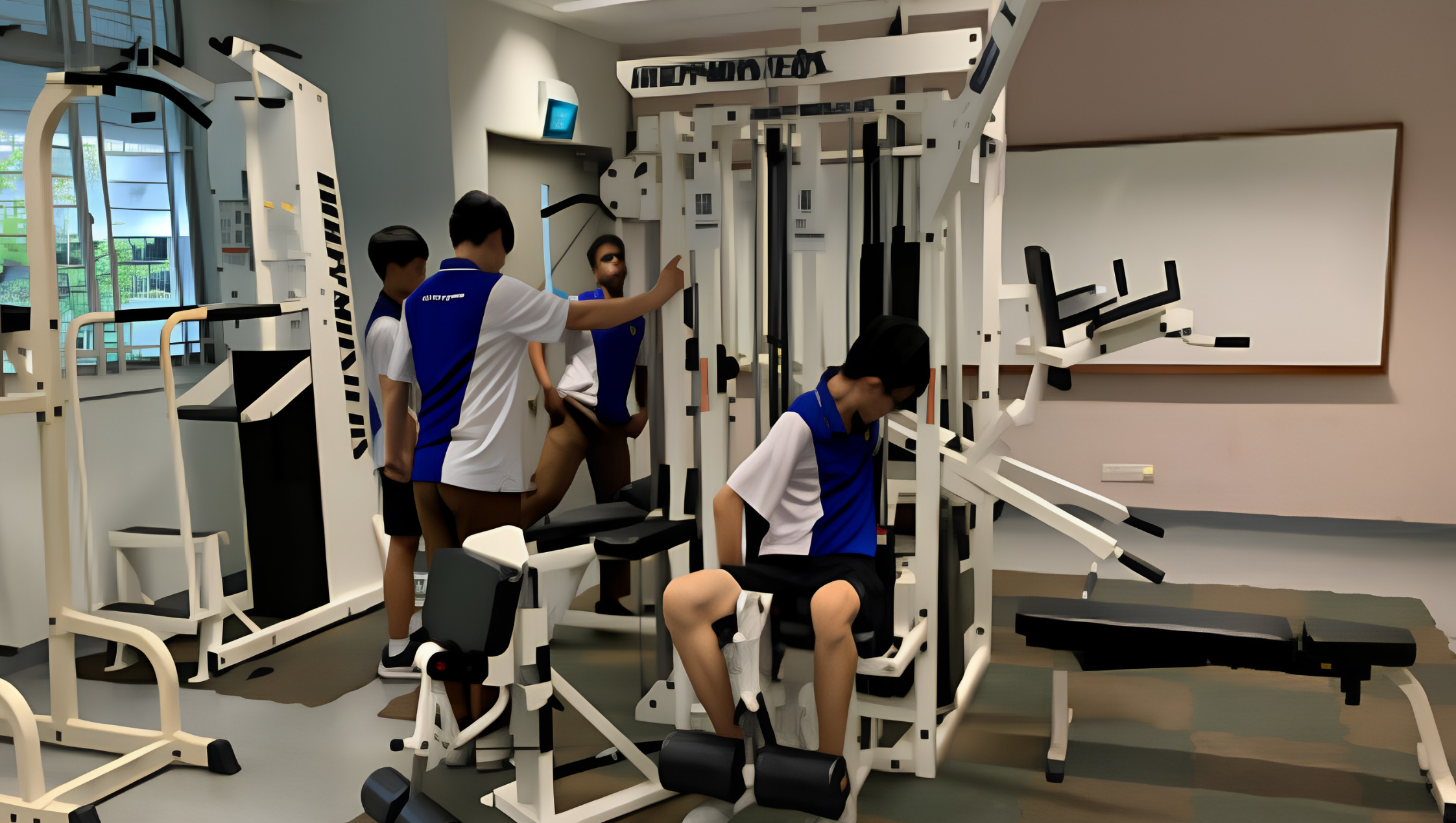 Three people in blue-and-white uniforms use weight machines in a gym, with a bench and whiteboard nearby.
