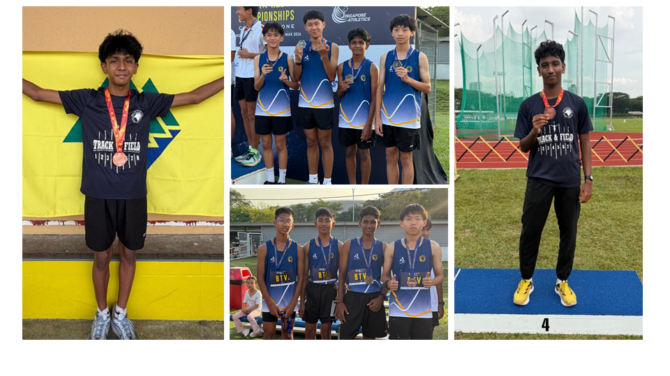 Young male athletes in blue track uniforms display medals at a Singapore Athletics Championships track and field event.