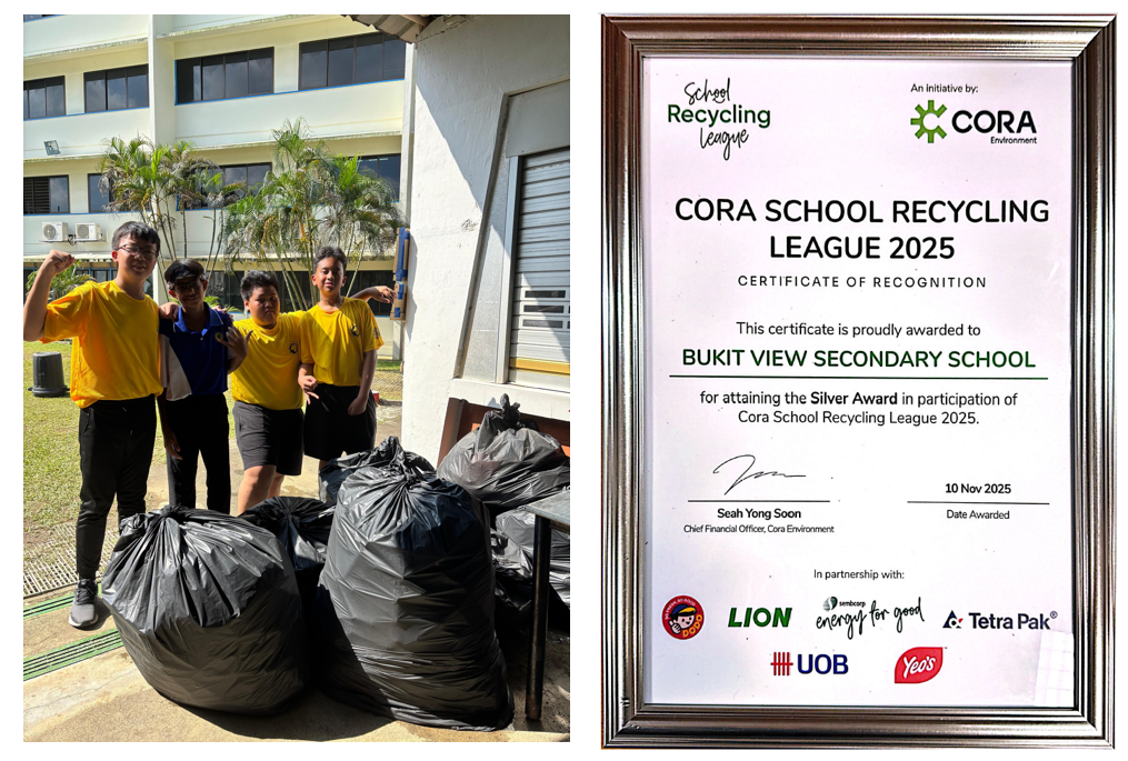 Bukit View Secondary School receiving the Silver Award in the CORA School Recycling League 2025.