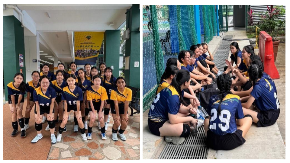 Two photos of a girls volleyball team in blue and yellow uniforms, posing together and sitting in a huddle outdoors.