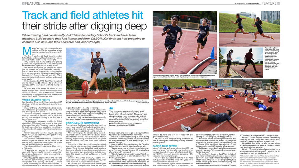 Newspaper feature article about track and field athletes at Bukit View Secondary School, with training photos.