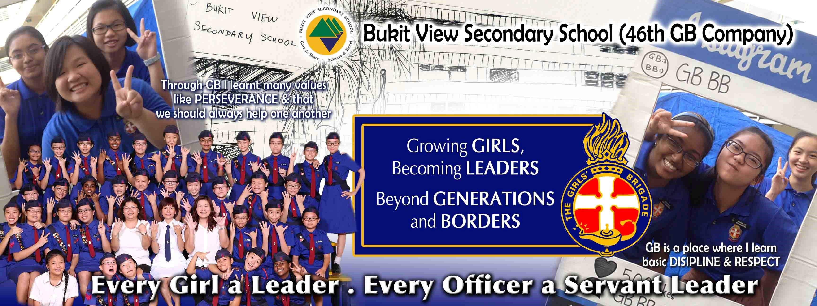 Banner for Bukit View Secondary School 46th GB Company showing students in blue uniforms with leadership slogans.