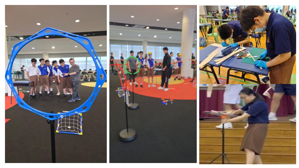 Students in uniform participate in a robotics or engineering competition, building projects and navigating hoops indoors.