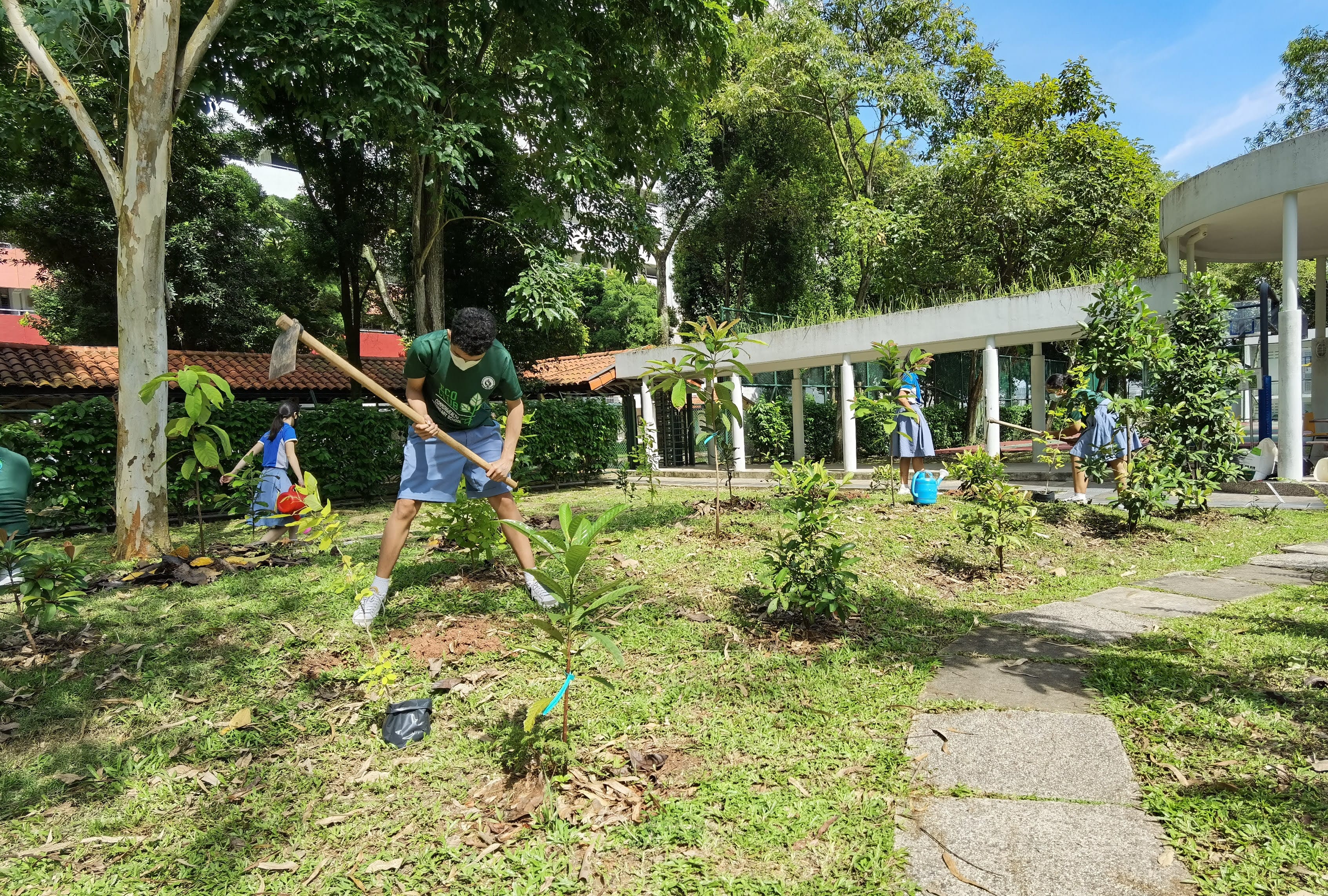 Student digs soil with a hoe in a school garden while others water plants near a covered walkway.