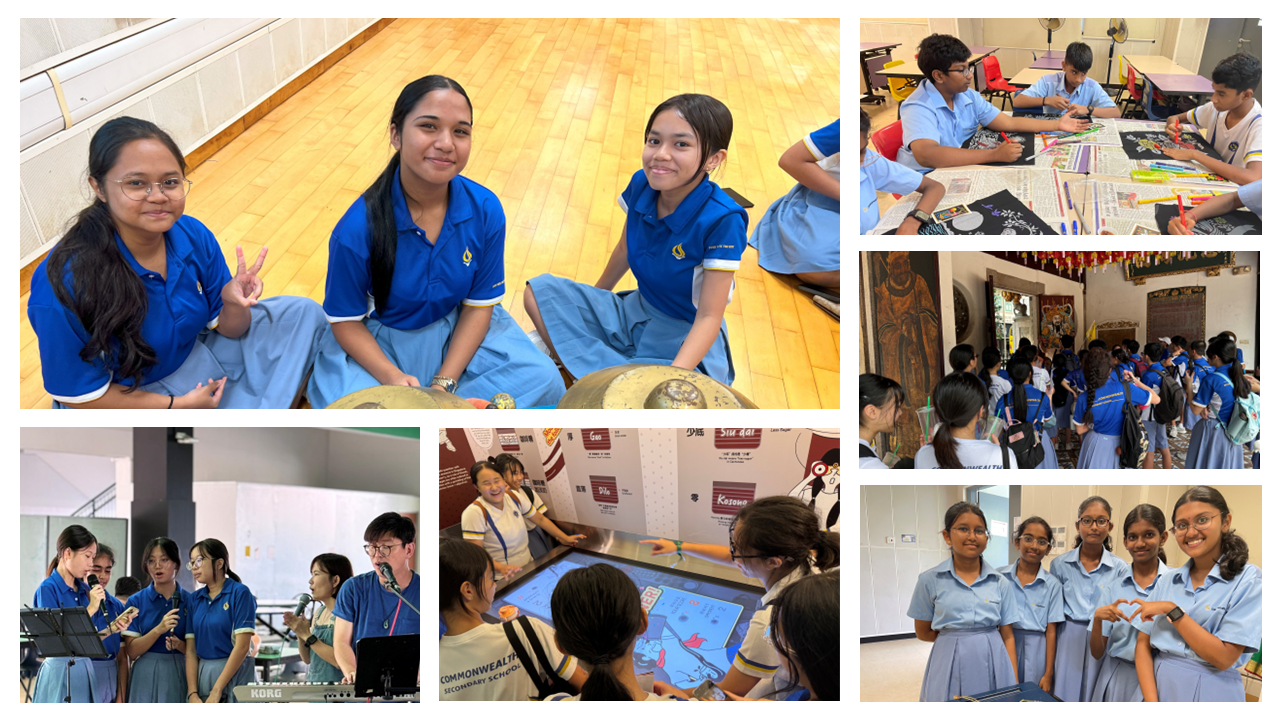 Collage of school students in blue uniforms doing activities: playing instruments, singing, art, exploring exhibits, and posing.