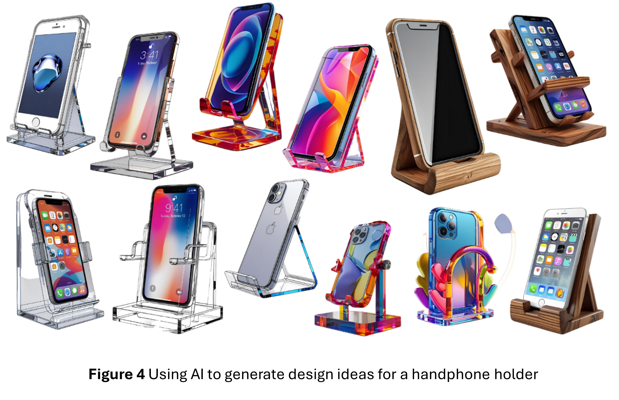 Eleven AI-generated phone holder designs in various materials including clear acrylic, colorful plastic, and wood.