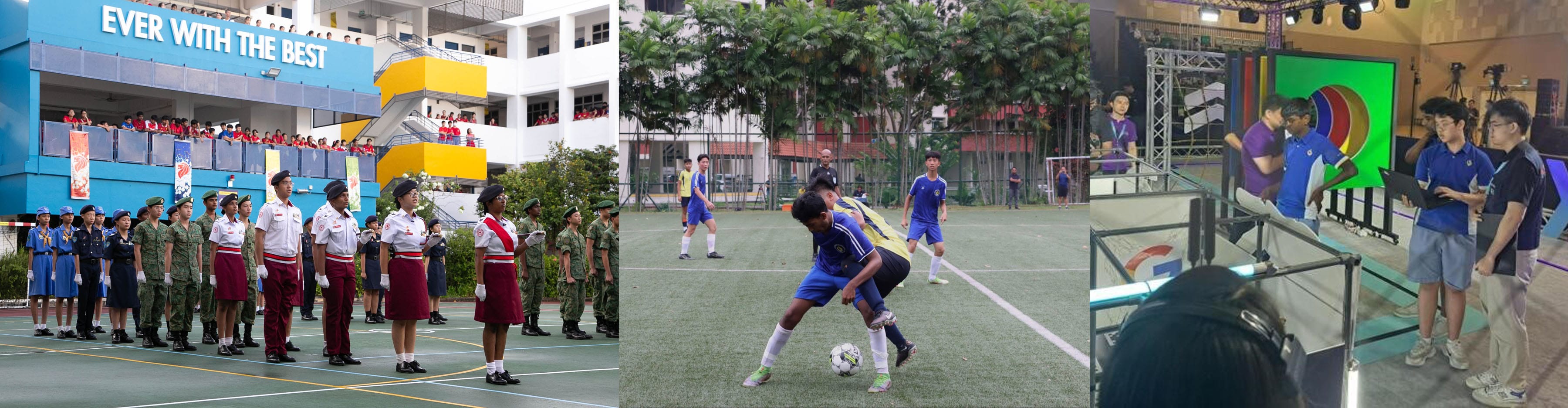 Three panels: uniformed students at assembly, youth soccer match on field, and people viewing a display at an indoor event.