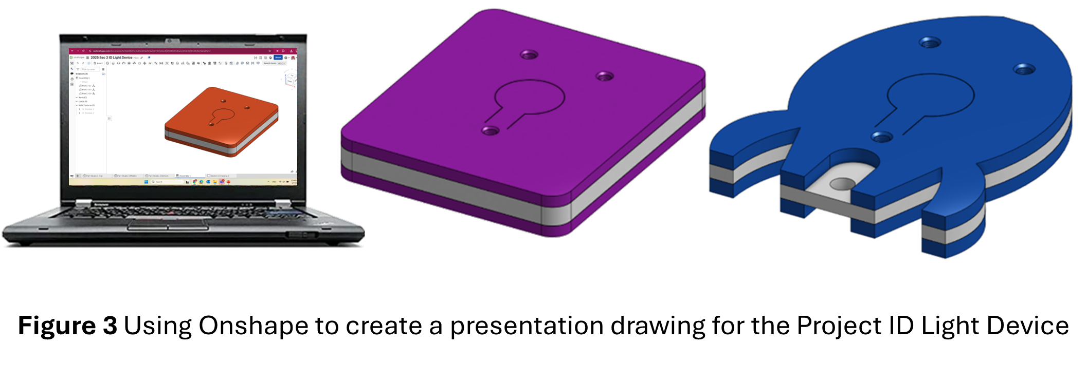 Laptop showing Onshape CAD software beside purple square and blue circular 3D device models.