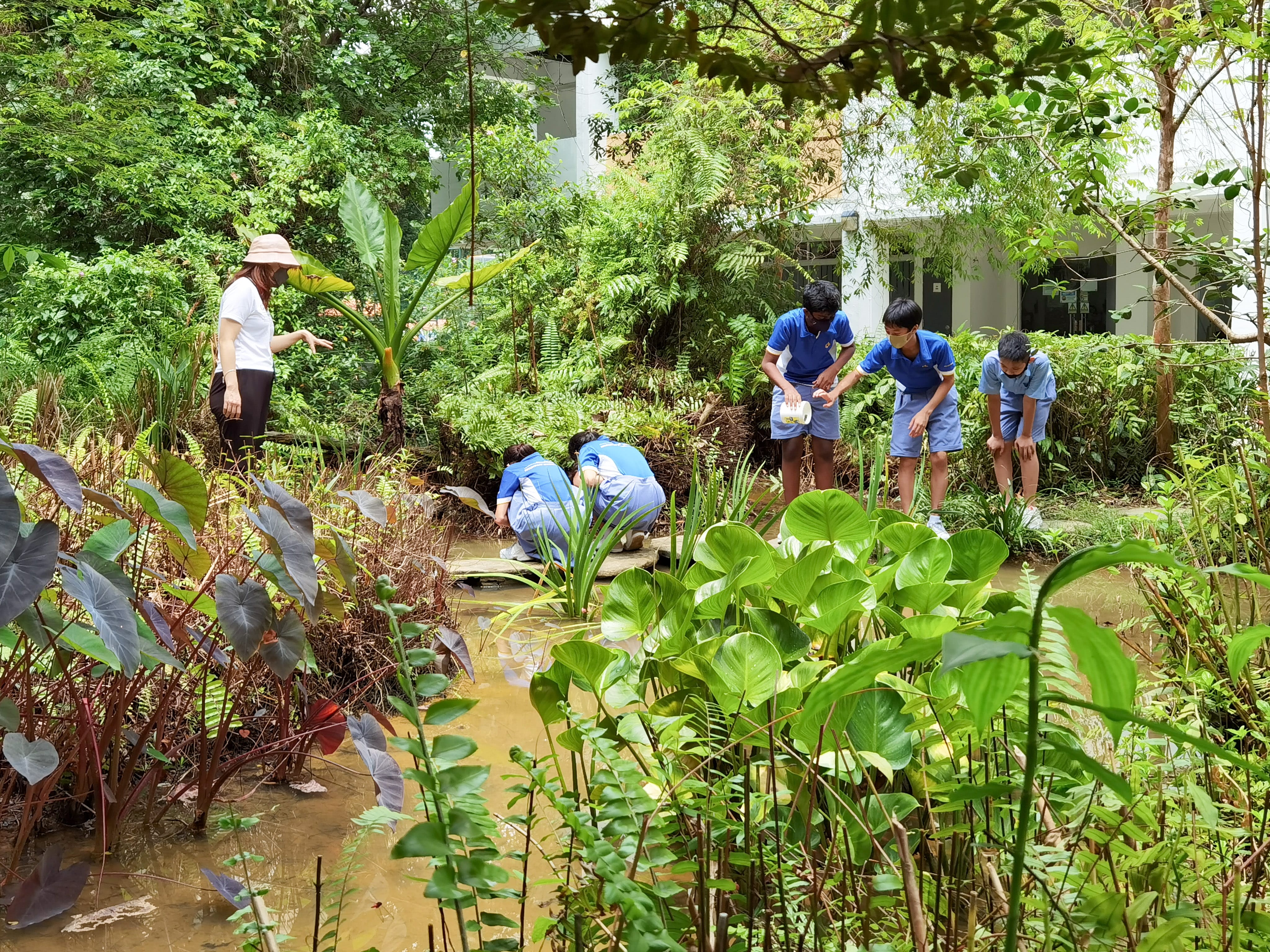 Teacher and students in blue uniforms gather by a pond in a lush garden, some crouching near water.