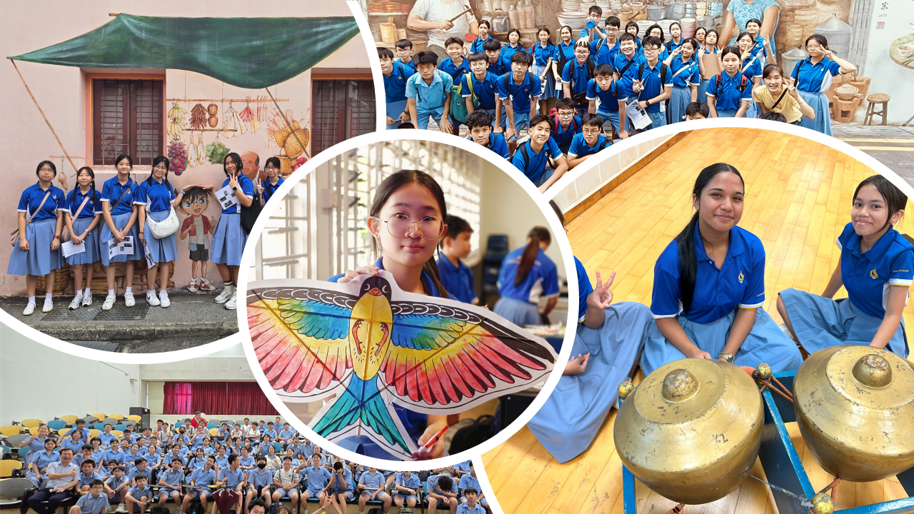 Collage of students in blue uniforms on a field trip, holding artwork, playing drums, and posing in groups.