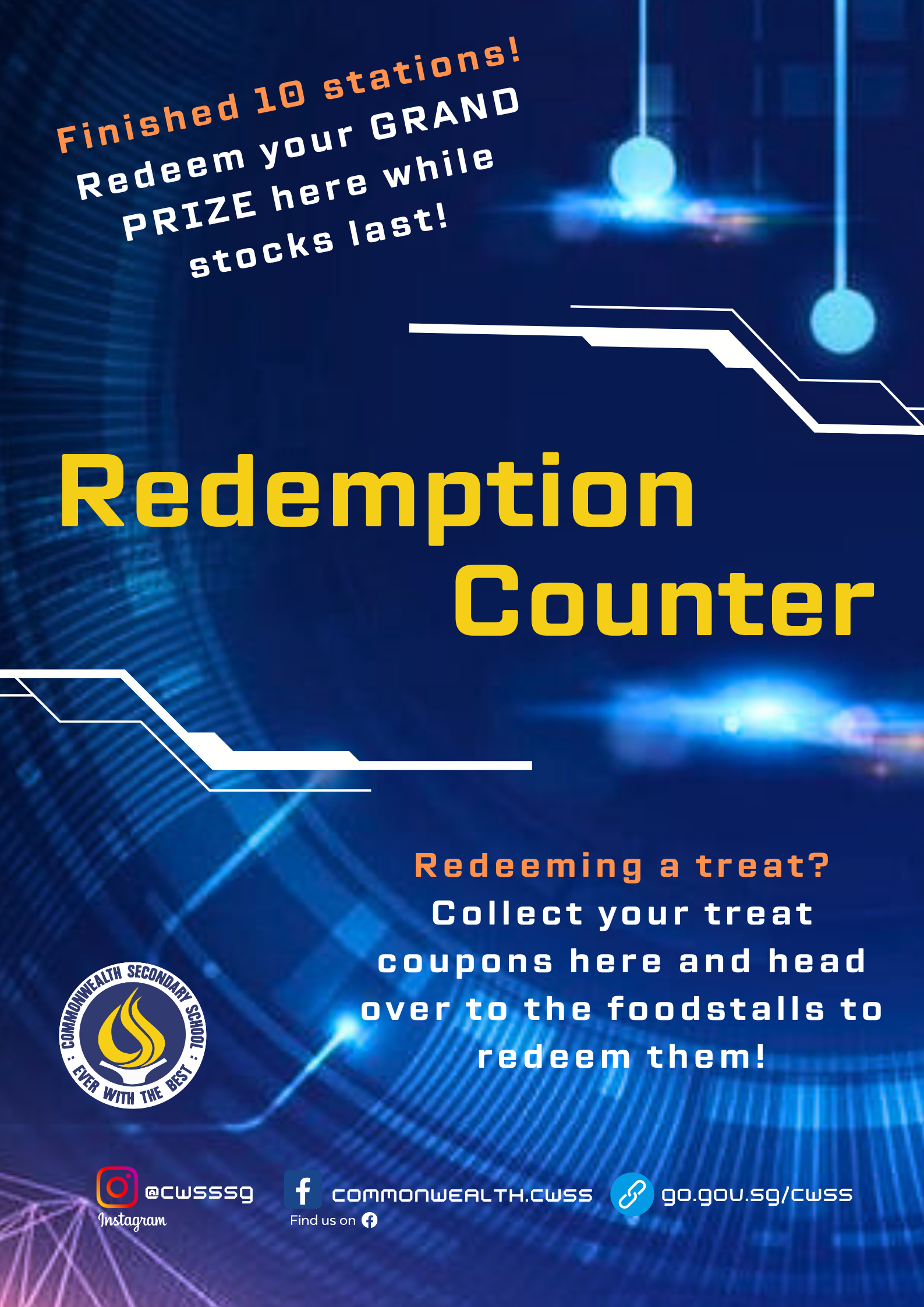 Blue poster reading Redemption Counter, promoting grand prize redemption after 10 stations at Commonwealth Secondary School.