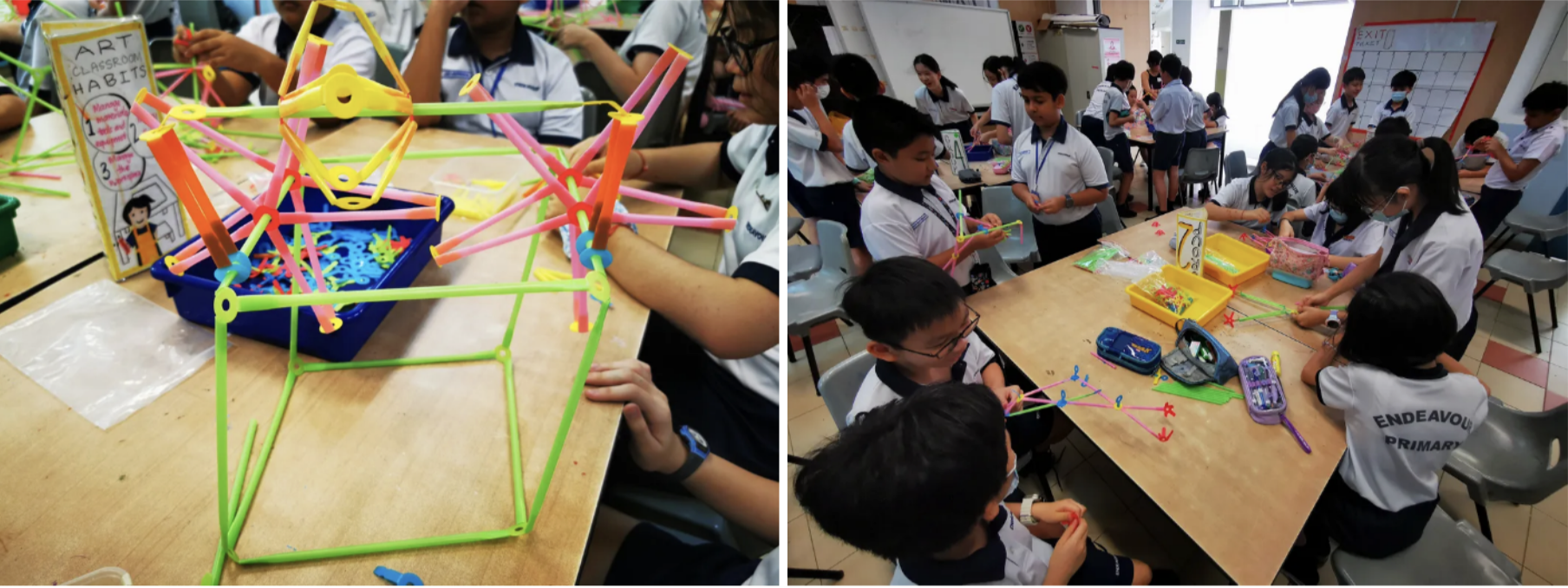 Endeavour Primary School students collaborating on a design activity, constructing complex 3D models using colorful plastic building rods and joints.