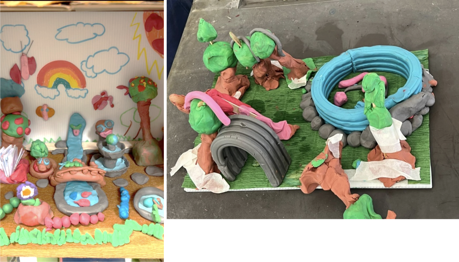 Two student-made clay dioramas featuring colorful 3D models of trees, structures, and outdoor scenery.