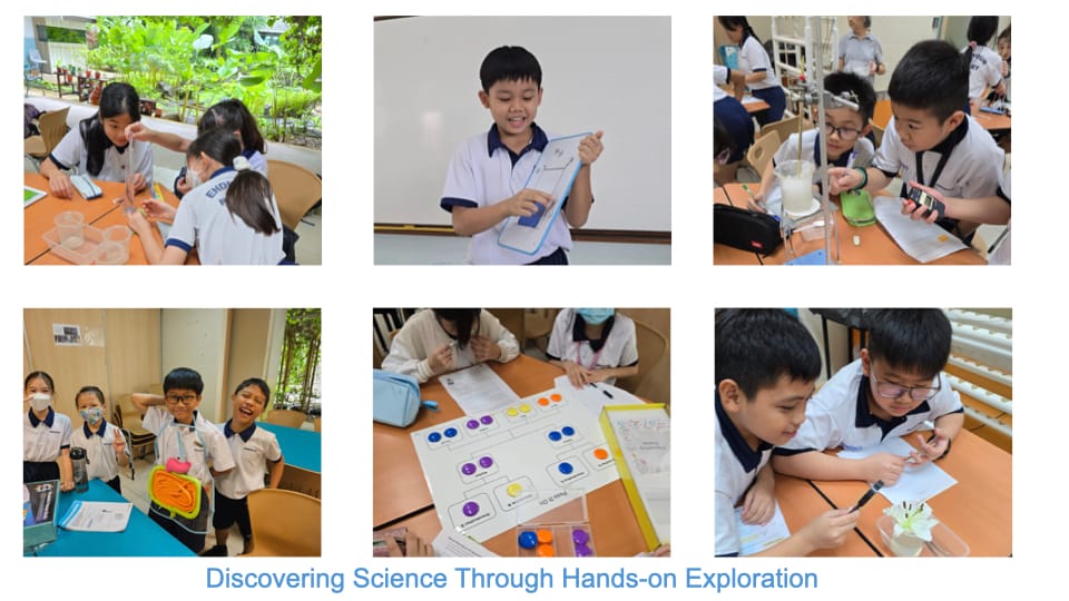 Six photos of young students in uniforms doing hands-on science activities including experiments and worksheets.