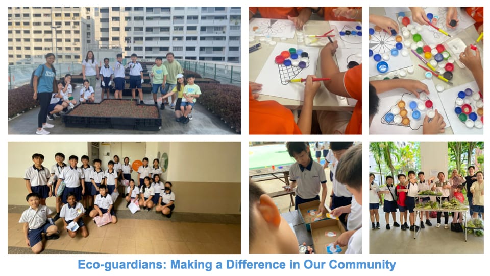 Six photos of school children doing eco activities: gardening, painting, group poses, and handling plants outdoors.