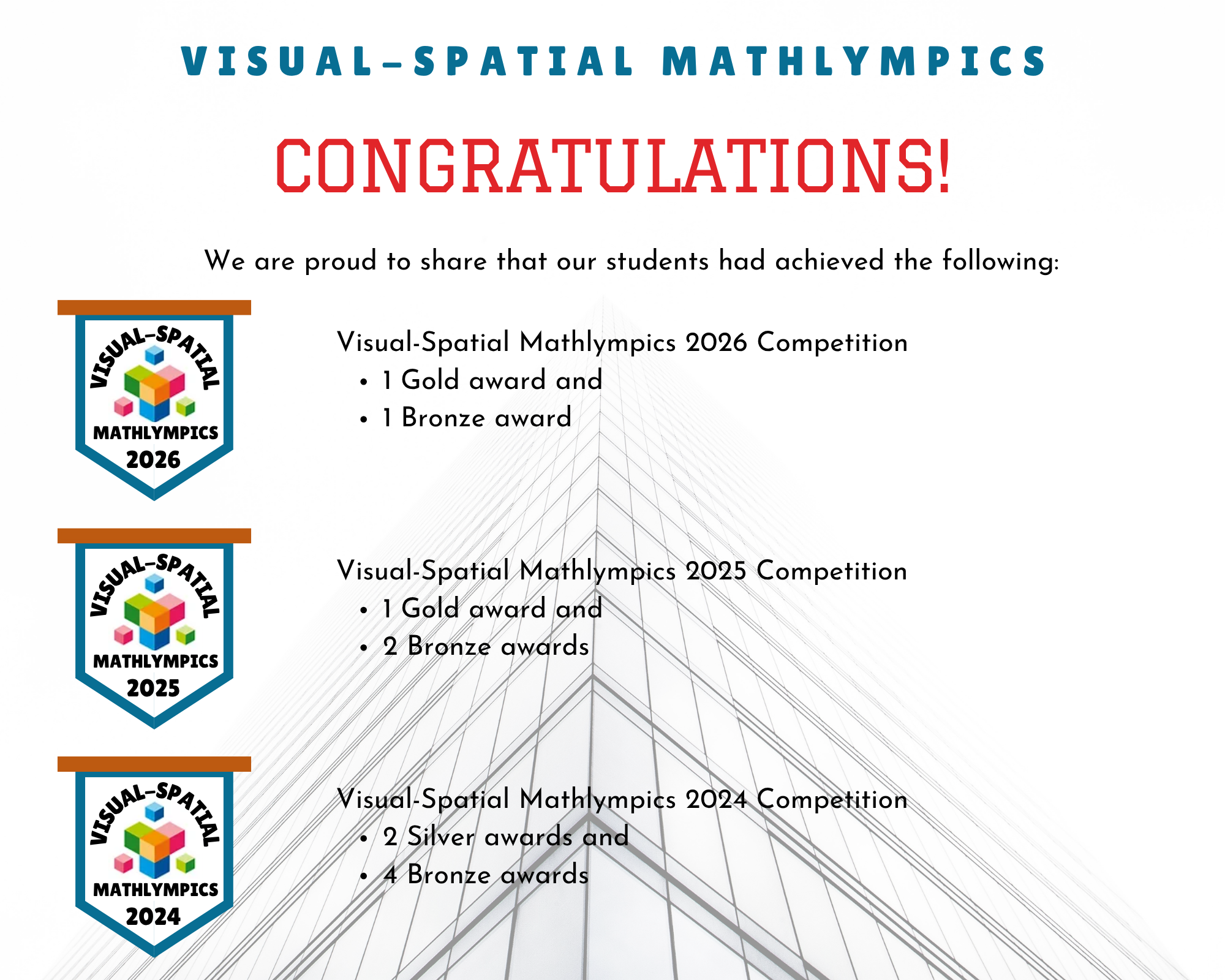 Congratulations flyer listing Visual-Spatial Mathlympics awards for 2024, 2025, and 2026 competitions.