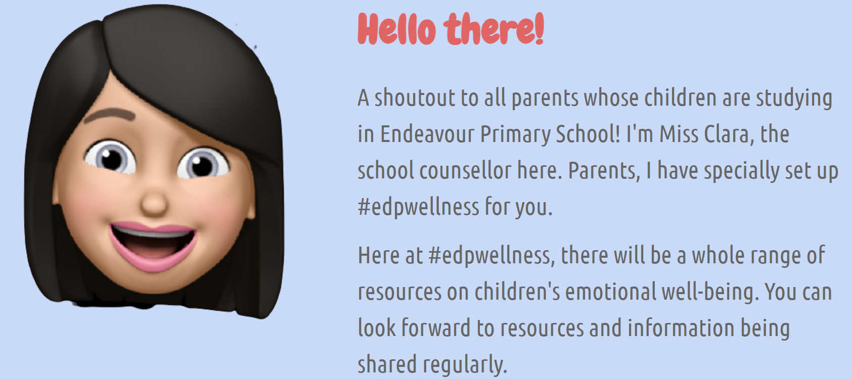 Cartoon emoji face with dark hair beside a Hello there message from Miss Clara, a school counsellor.
