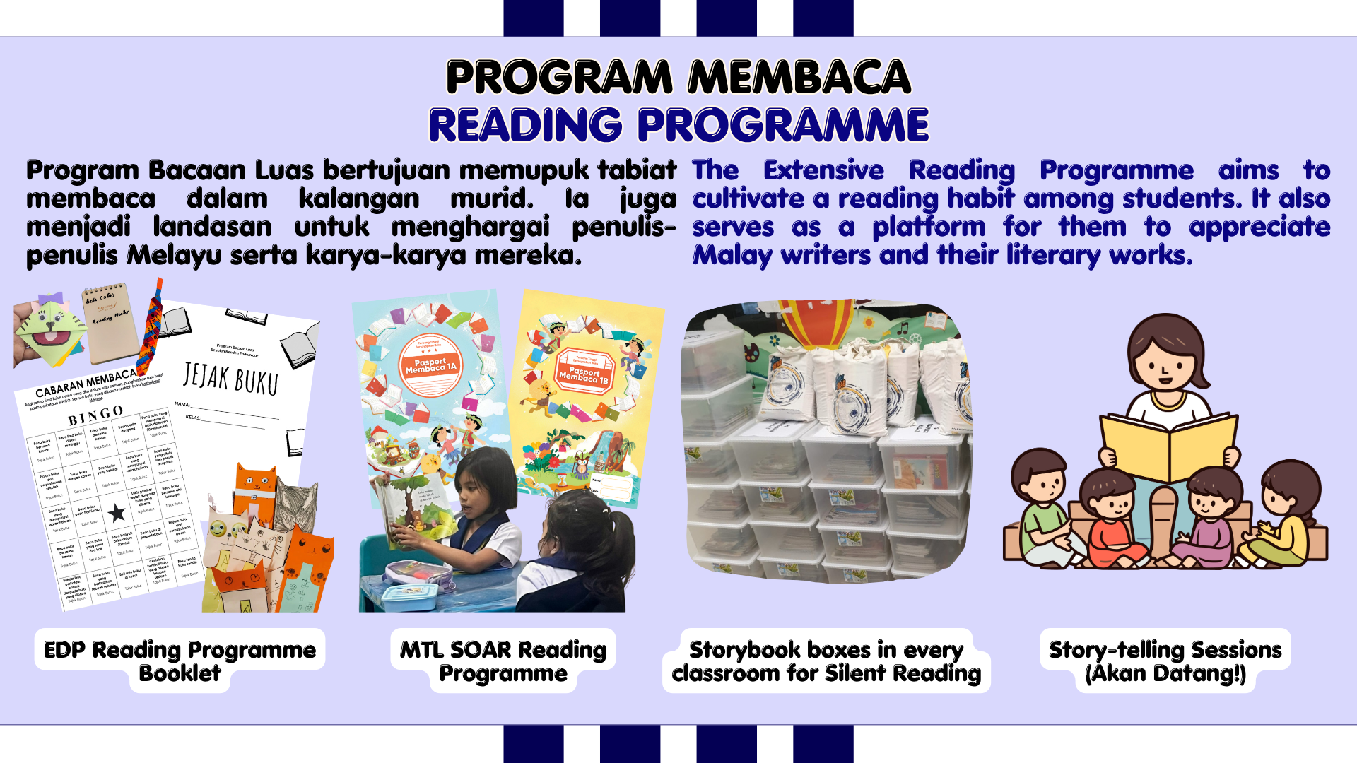 Flyer for a Reading Programme showing booklets, a student reading, storybook boxes, and a storytelling cartoon.